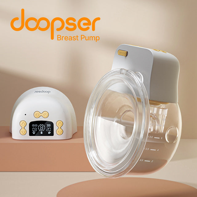 משאבת חלב לבישה Doopser בעיצוב אלגנטי עם מסך דיגיטלי לתצוגת מצב השאיבה.