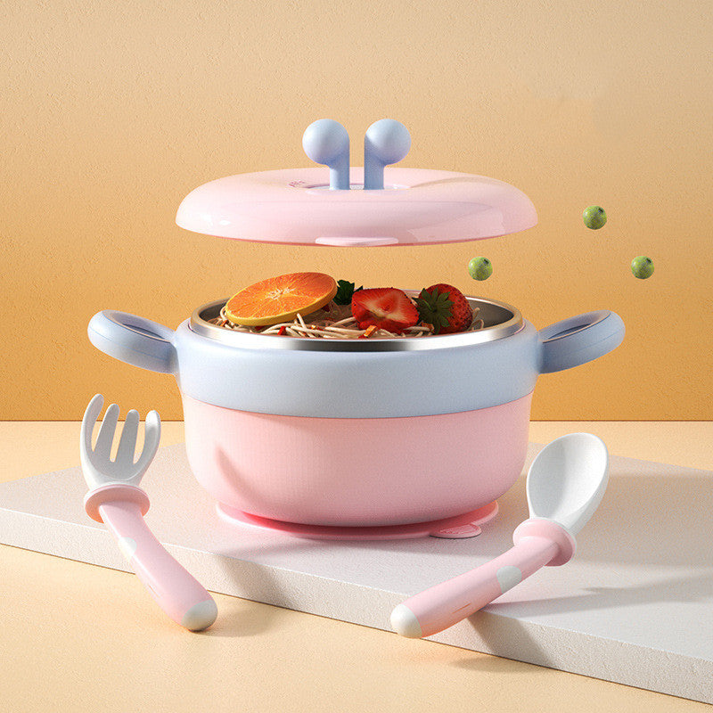 קערת תינוקות עם קערה פנימית מנירוסטה ומכסה מעוצב עם אוזניים. כף ומזלג בצבע תואם, מתאימה לתינוקות.