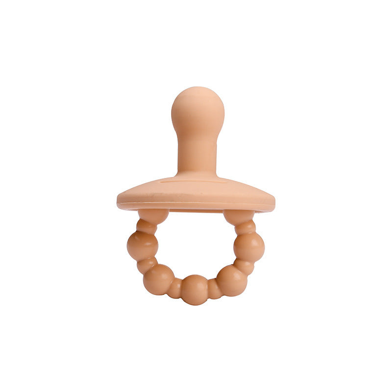 מוצץ סיליקון בצבע כתום עם ידית בצורת חרוזים עגולים קטנים.