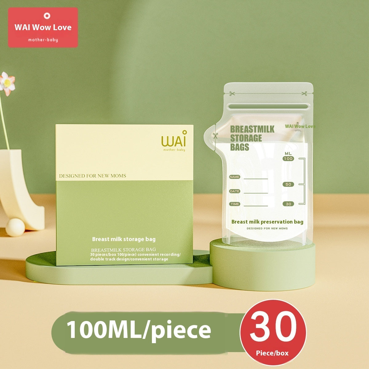 שקית אחסון לחלב אם של המותג WAI עם קיבולת של 150 מ"ל, מוצגת לצד קופסה תואמת. כיתוב בתחתית התמונה: "100ML/piece, 30 Piece/box".