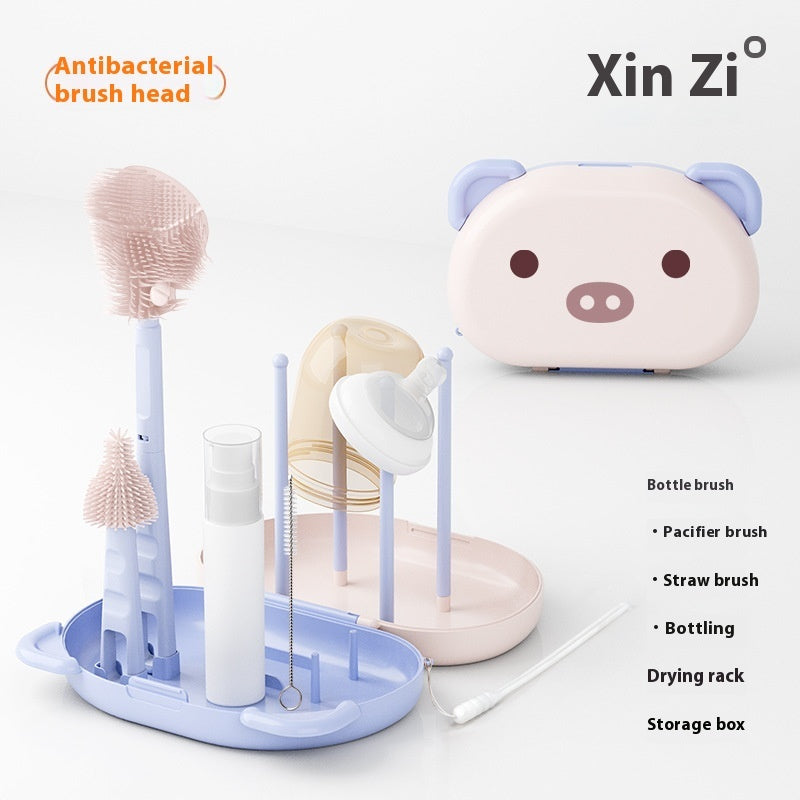 ערכת מברשת בקבוקים ניידת עם ראש מברשת אנטי-בקטריאלי הכוללת מברשת פטמות, מברשת קש, מתקן ייבוש ותיבת אחסון בצבע סגול