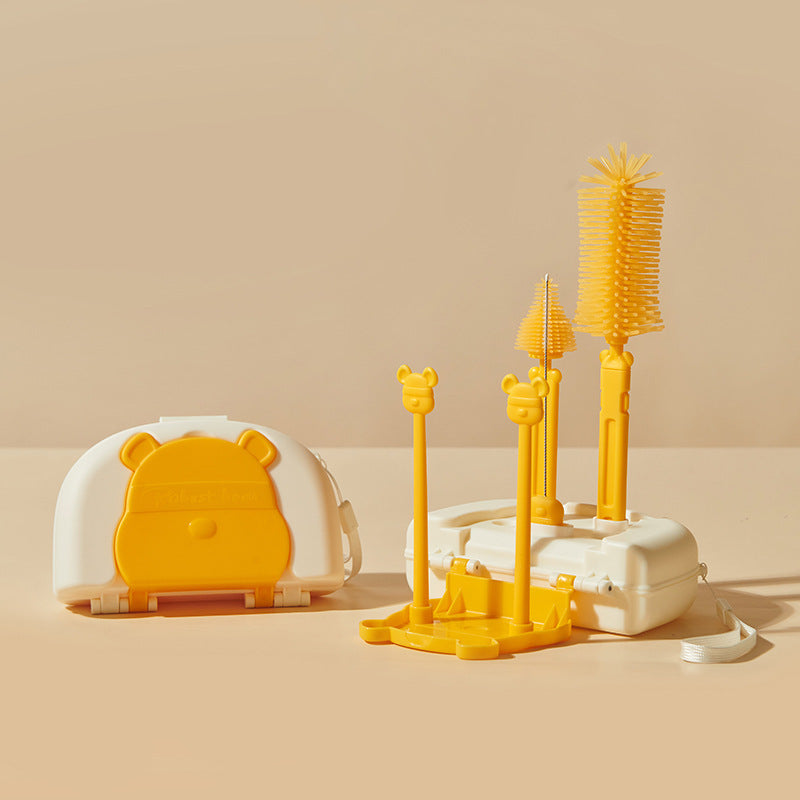סט מברשות סיליקון לבקבוקים בעיצוב דובי חמוד עם בסיס לייבוש ואחסון. בצבע צהוב