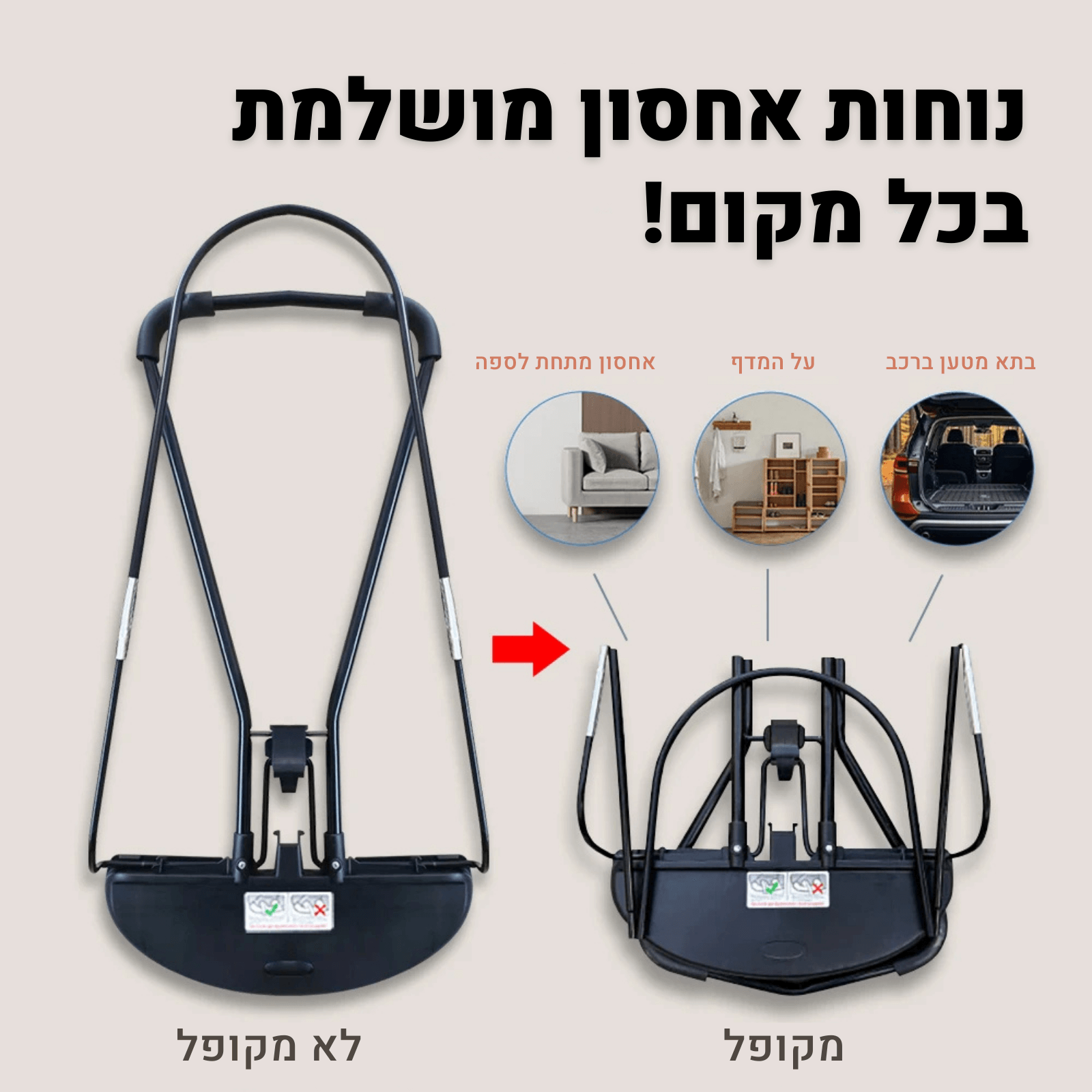 תמונה המציגה את הטרמפולינה כשהיא מקופלת ולא מקופלת, עם הסברים על אחסון קל מתחת לספה, במדף או בתא מטען הרכב.
